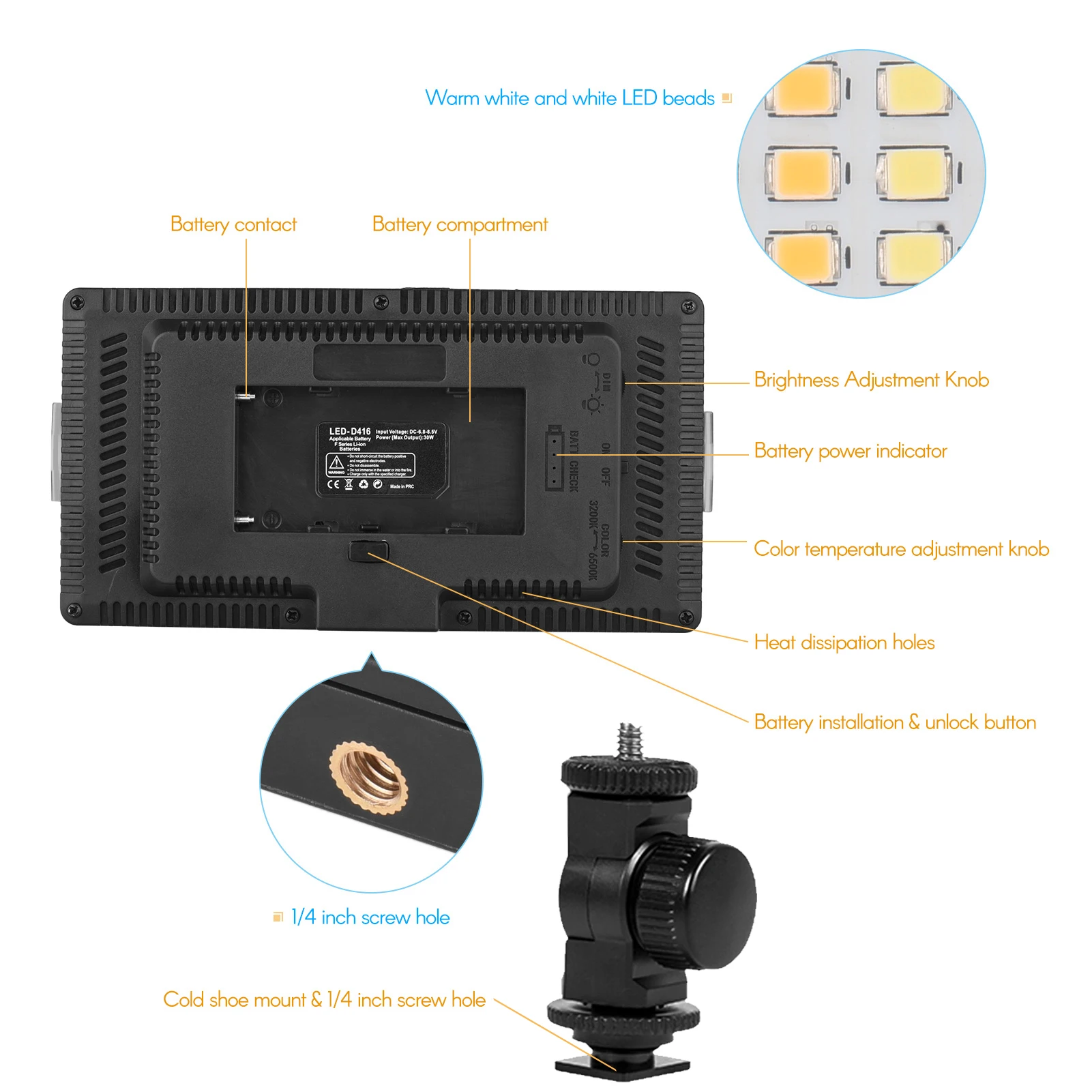 LED-416 LED Video Light Professional On-Camera Photography Light Panel 416PCS Bright Beads Adjustable Bi-Color Temperature fill light led par light