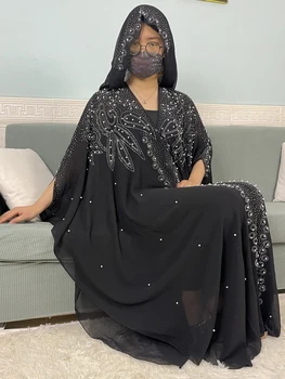 Muslim Pure Open Abayas For Women 2024 Set Diamonds Boubou Caftan Marocain Loose Femme Robe African Traditional Dresses Hooded