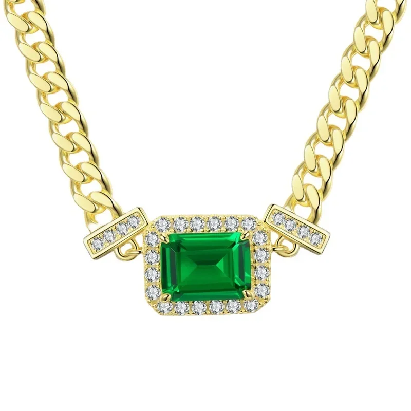 

Spring Qiaoer 18K Gold Plated Emerald Cut 6*8MM Created Muzo Green Sapphire Wedding Necklace 925 Sterling Silver Jewelry