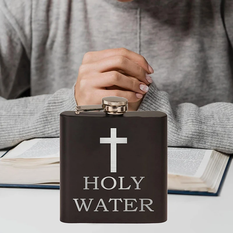 168ml Cross Pattern Holy Water Bottle Black Stainless Steel Hip Flask Portable Alcohol Whiskey Wine Pot Screw Cap