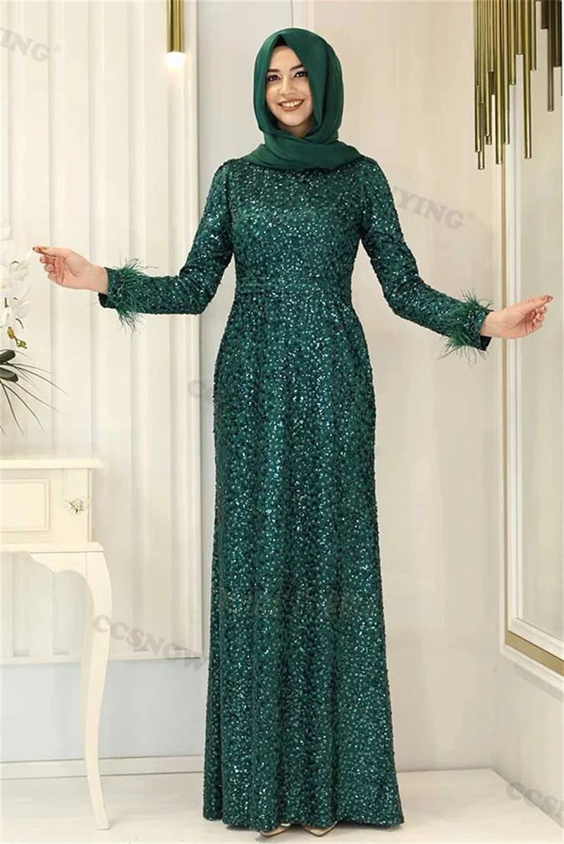 

Sparkly Sequin Beaded Hijab Muslim Evening Dresses Islamic Long Sleeve Women Formal Party Gown Arabic Dubai Robes De Soirée
