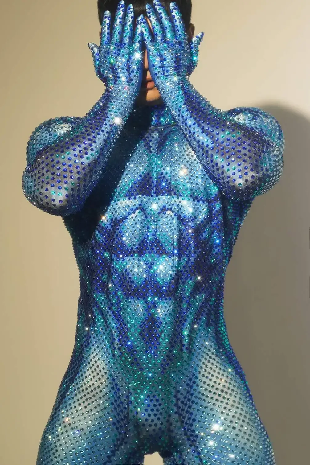 Unisex Women Men Blue Full Rhinestone Luxury Carnival Mardi Gras Jumpsuits Photo Shoot Props Hot Drilling Las Vegas Show