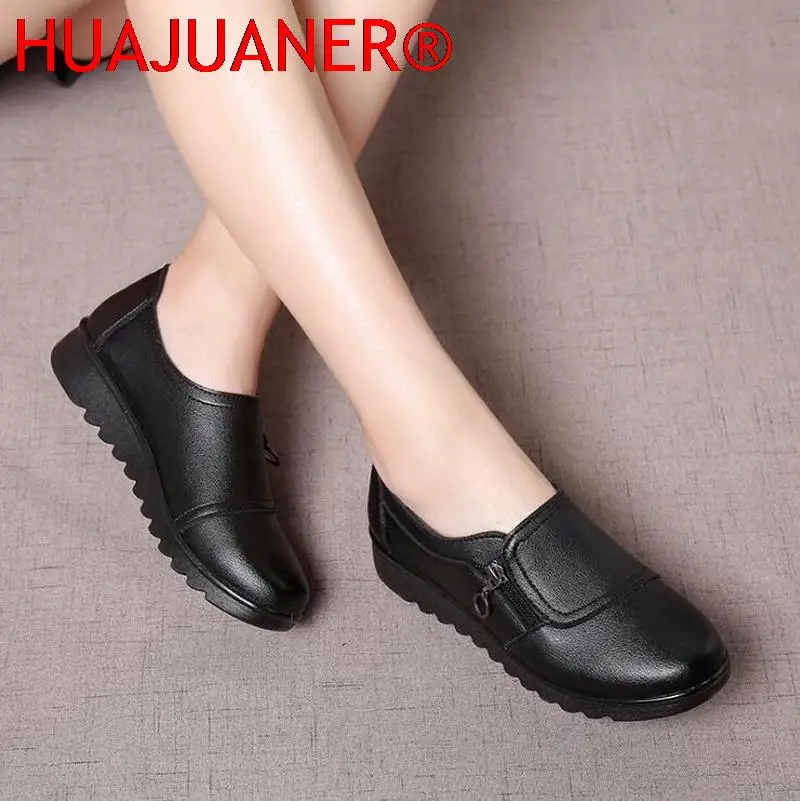 Women Casual Flats Round Head Side Zipper Oxford Shoes Non-slip Warm Slope Heel