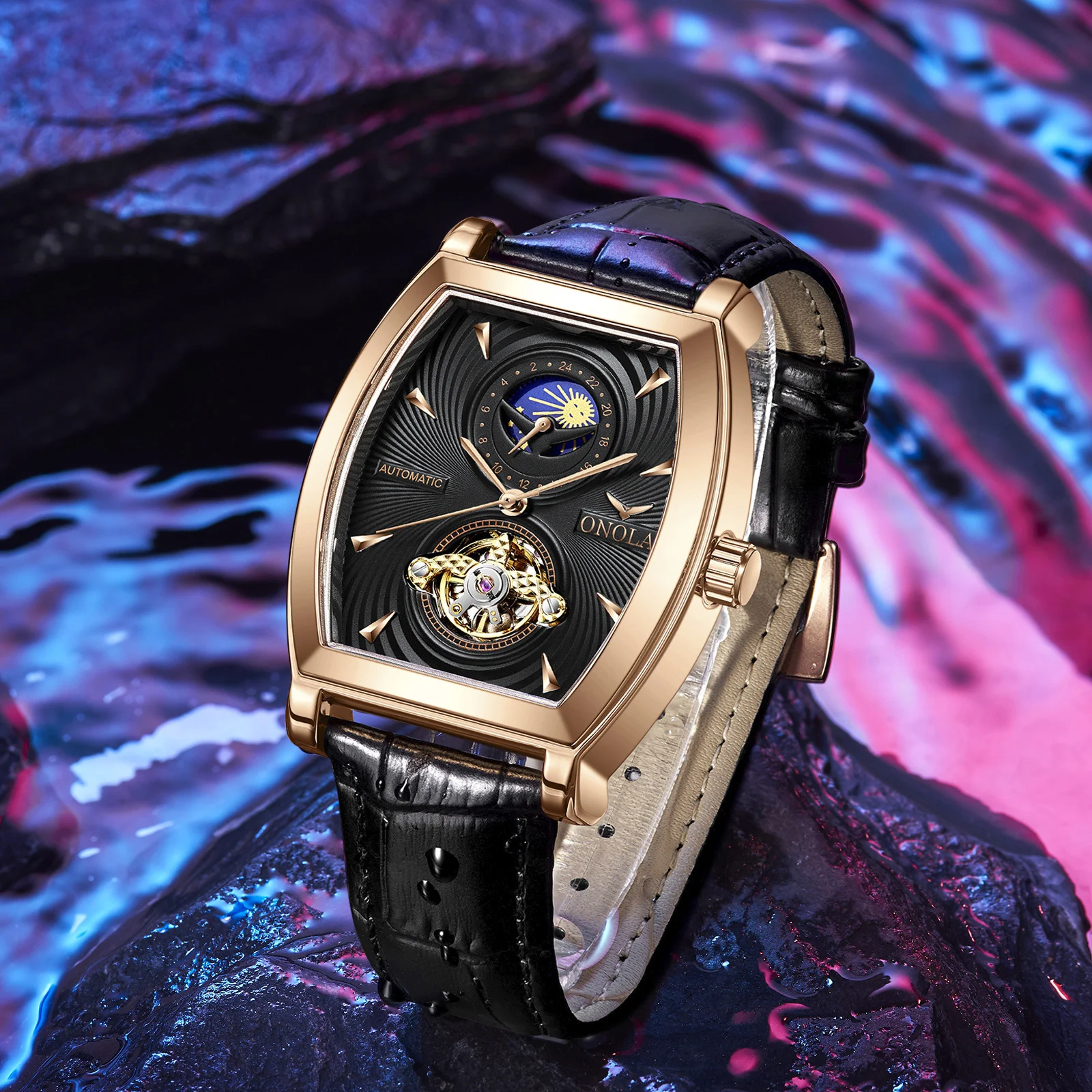 Luxury Business Sports Stainless Steel Watch Leather Strap ONOLA Waterproof  Casual Men Mechanic Watches