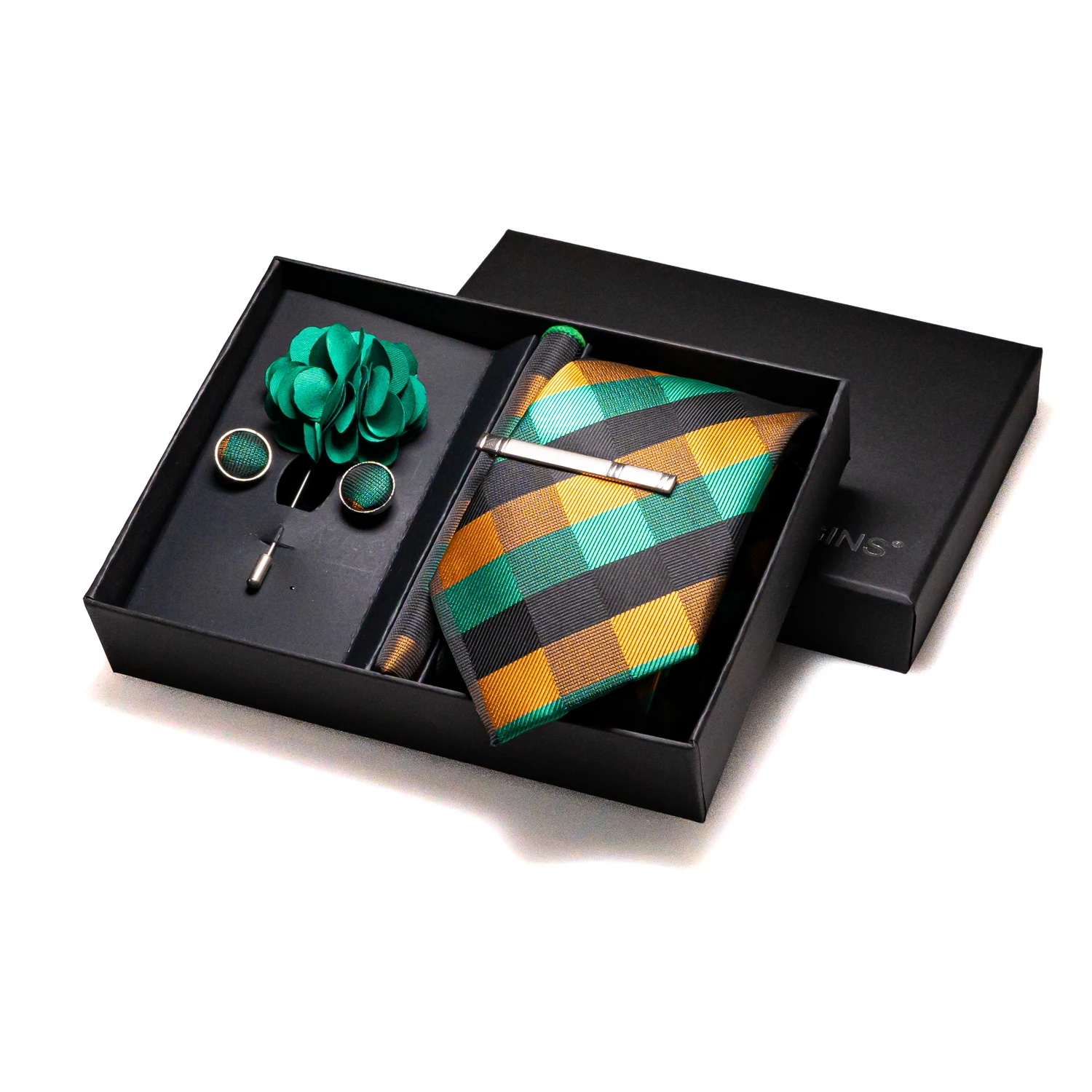 Silk Ties for Men Luxury Dark Green Stripes Wedding Accessories Mens Necktie Pocket Square Cufflinks Pin And Elegant Gift Box neck tie pocket square