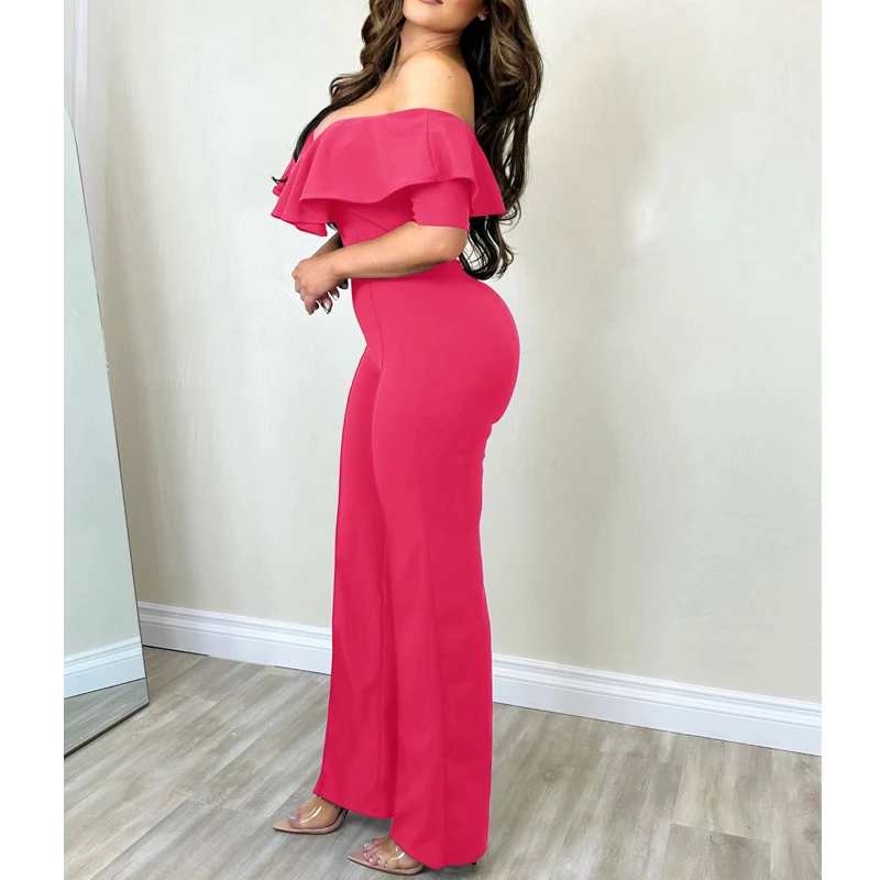 Women's Ruffle Sexy Deep V-neck Backless Elegant Party Jumpsuit Summer Fashion Solid Short Sleeve Slim Rompers High Waist Pants