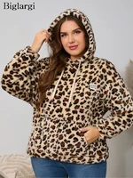 Plus Size Autumn Winter Furry Hooded Sweatshirt Women Leopard Print Fashion Ladies Sweatshirts Casual Loose Woman Sweatshirt