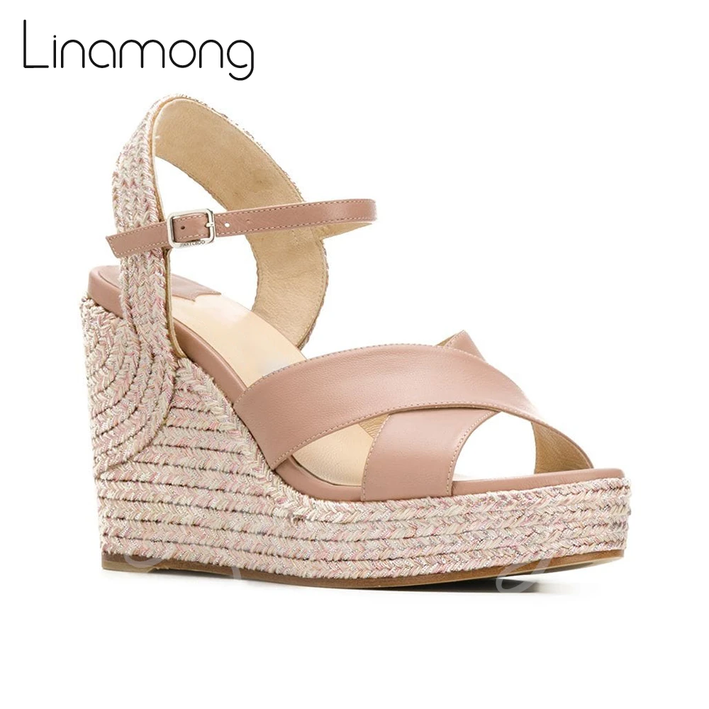 

Cross Strap Leather Wedge Buckle Espadrilles Peep Toe Solid Color Summer Shoes Concise Style Sandals for Women Raffia Wedge Heel