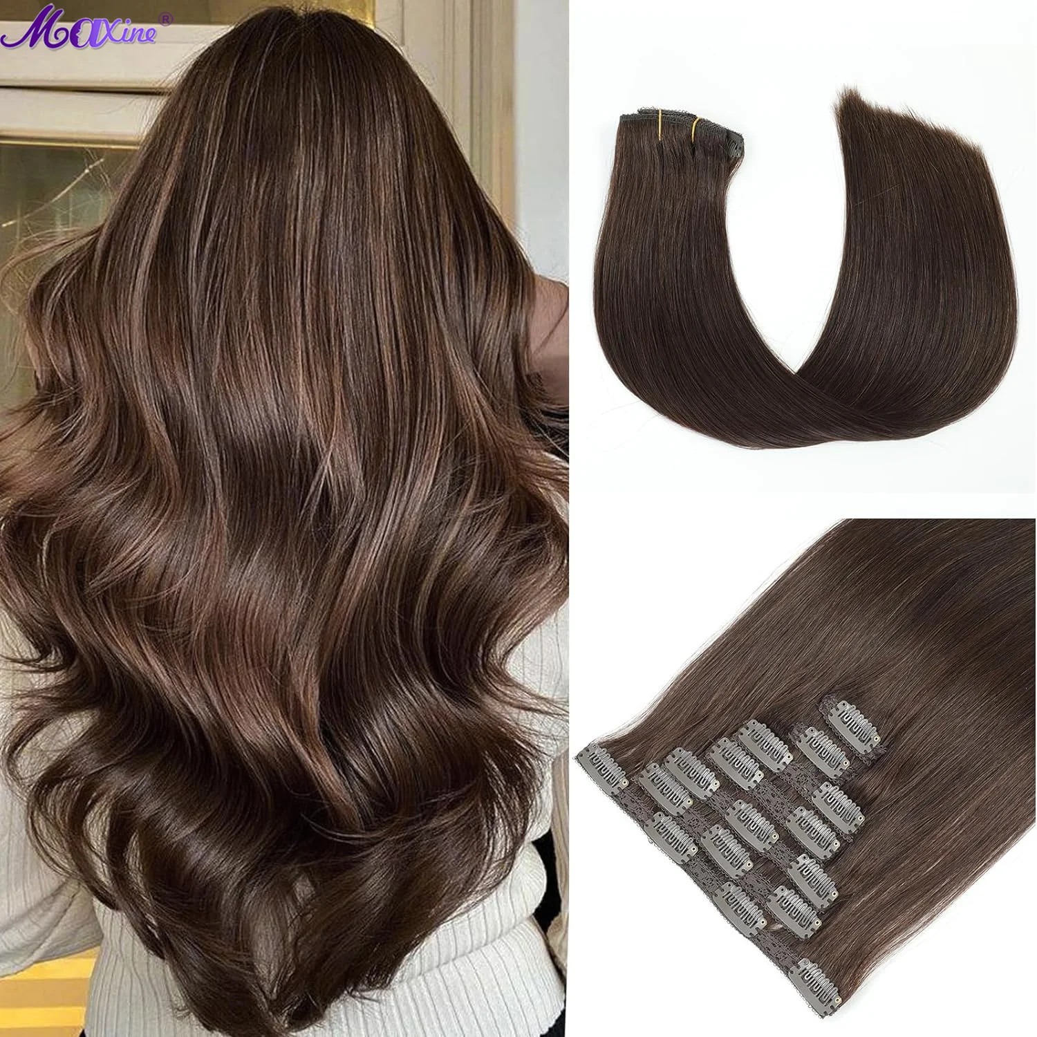 

Chocolate Brown 4# 7PCS 70G Clip in Hair Extensions Real Human Hair Seamless Clip In Hair Extensions 100% Unprocessed Full Head