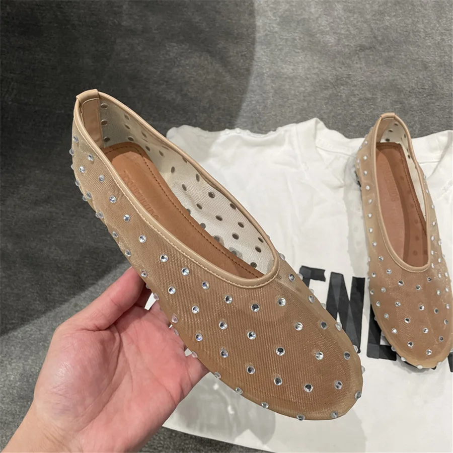 Crystal Studded Women Ballet Flats Mesh Dance Flat Shoes Casual Driving Walking Loafers Espadrilles Ladies Slip-on Lazy Shoes