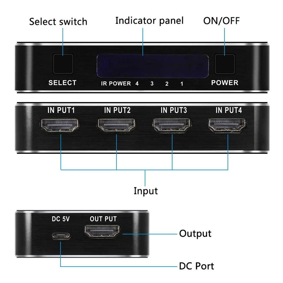 HDMI-compatible Switch 4K Switcher 4 In 1 Out Full HD 1080P Video Cable Splitter