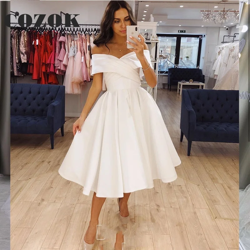 

Short Satin Knee Length Wedding Dress Pleat Simple Off Shoulder Bridal Gown For Women Vestido De Noiva Custom Made
