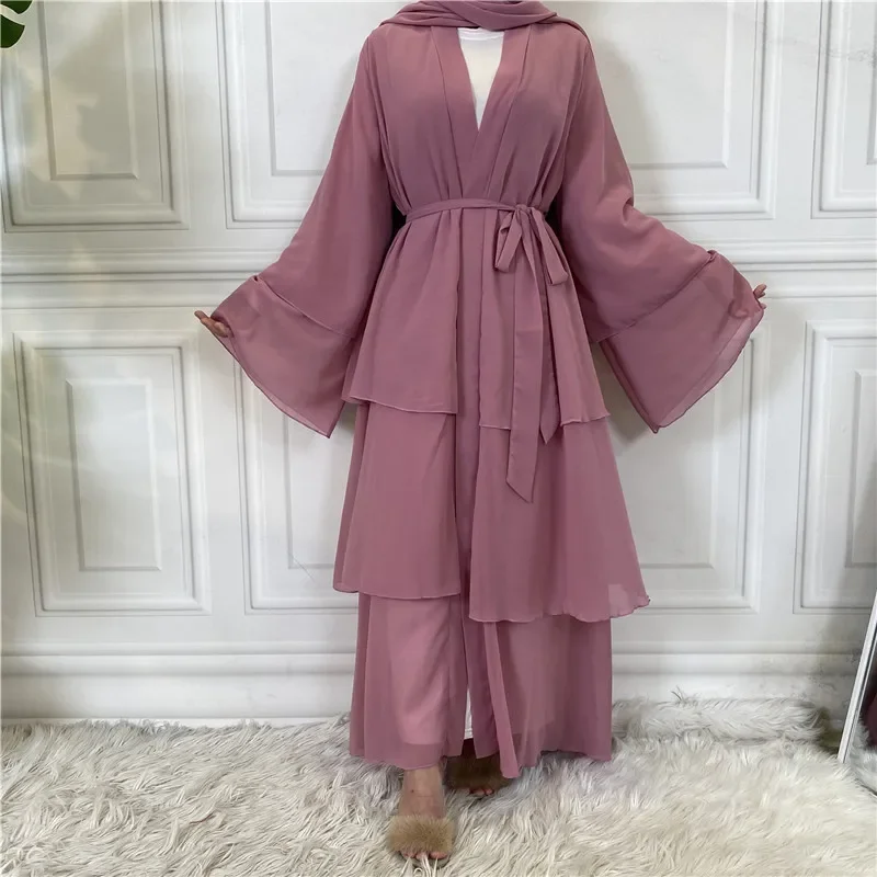 Chiffon Layered Open Abaya Dubai Muslim Dress Luxury High Class Islam Eid Abayas for Women Caftan Arabic Kimono Femme Musulmane