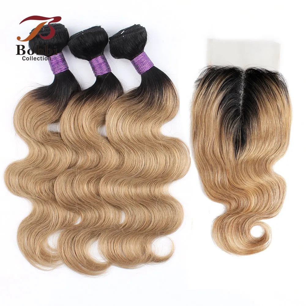 

3 Bundles with Closure Transparent Lace Middle Part 200g/set Body Wave Ombre Honey Blonde Brown Remy Human Hair Weave Bobbi