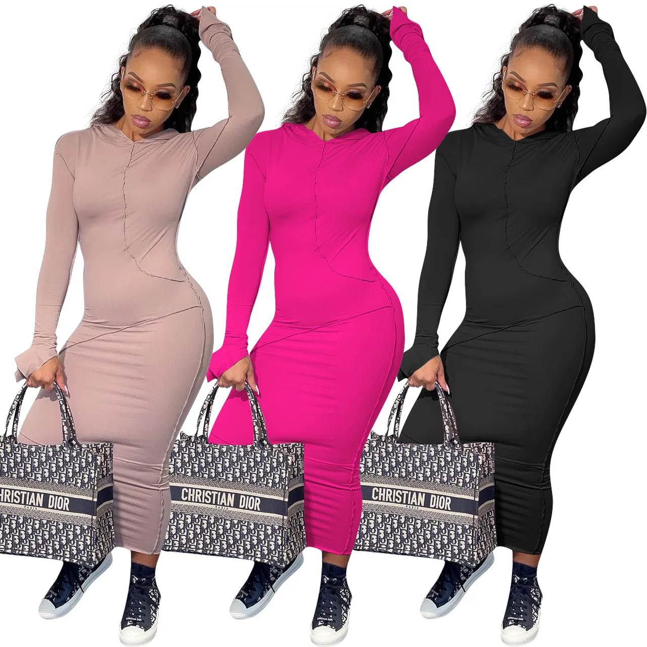 

Patchwork Slit Long Sleeve Women Hoodie Midi Dress Bodycon Sexy Streetwear 2021 Autumn Winter Slim Club Casual Party
