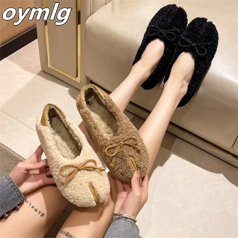 2023 Autumn and Winter New Bow Knot Plush Shoes for Women's Shallow Mouth Plush Double Wear Flat Bottom Plush Warm Cotton Shoes