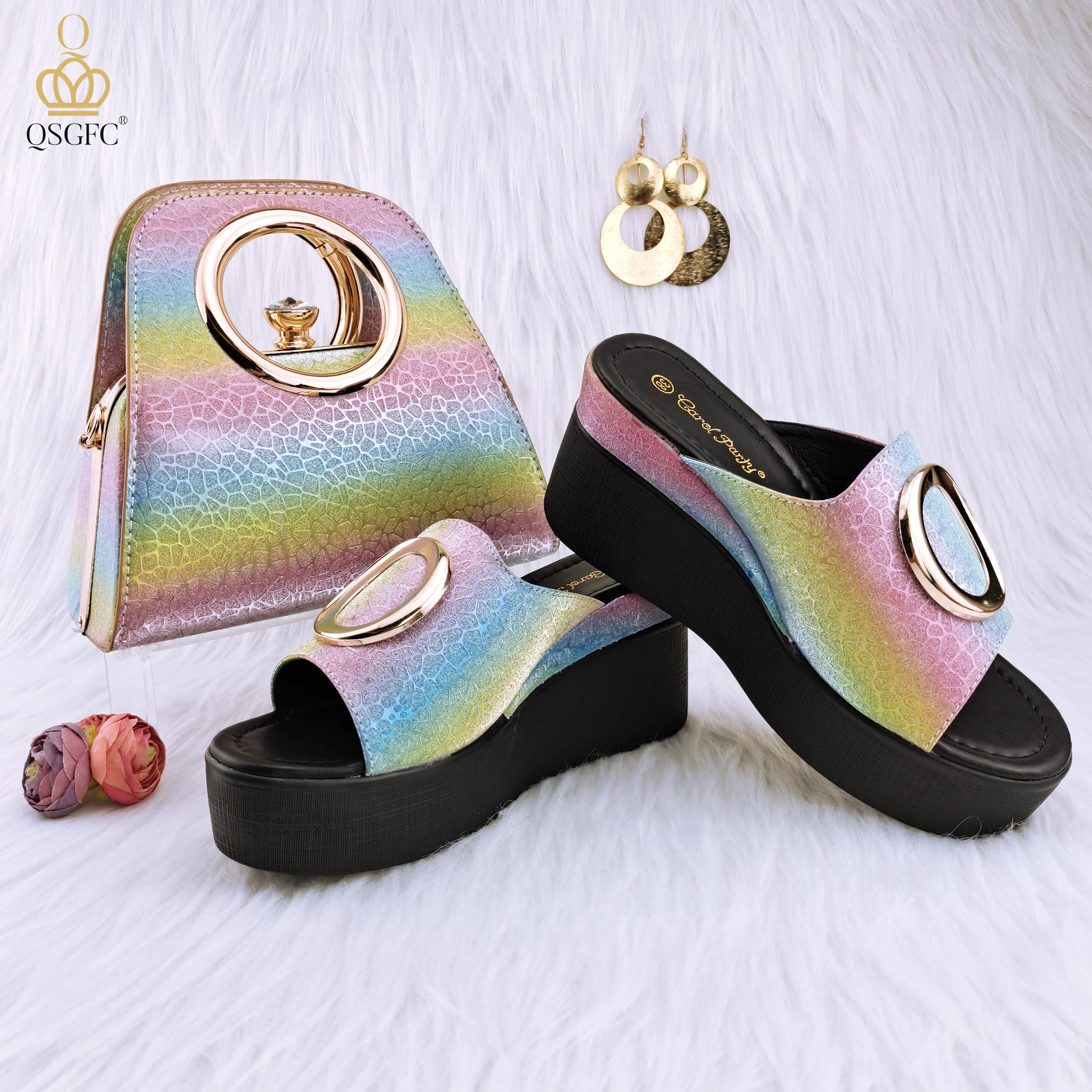 

QSGFC New Brilliance Colorful Water Pattern With Metal Decoration With Waterproof Platform Ladies Sandals Shoes Bag Set