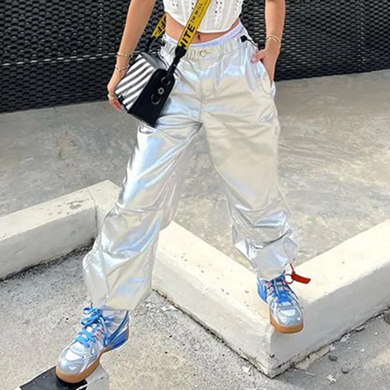 

Autumn Sweatpants Tracksuit Pants Drawstring Sliver Reflective Hippie Clothes Joggers Women Sport Trousers Y2k Baggy Grunge