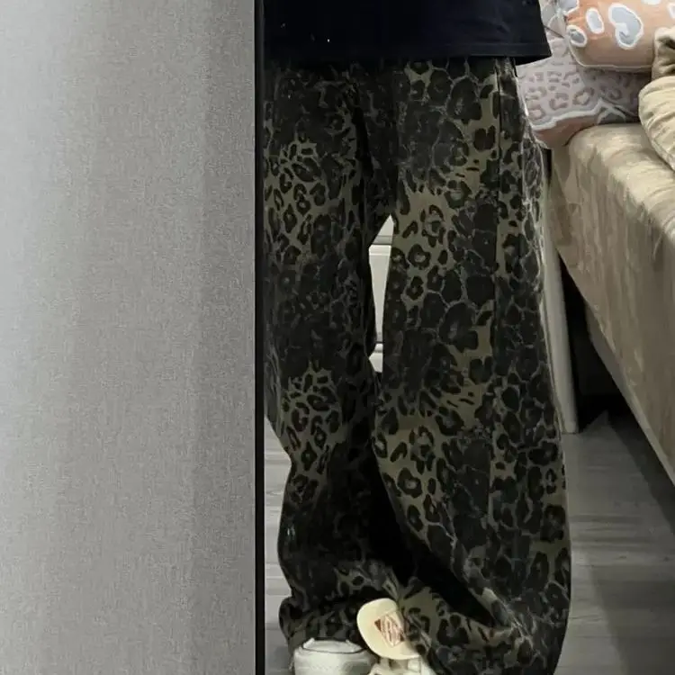 Jeans Leopard Tan Woman Denim Pants Wide Leg Trousers Streetwear Hip Hop Vintage Clothes Loose High Street Loose Slimming Jeans