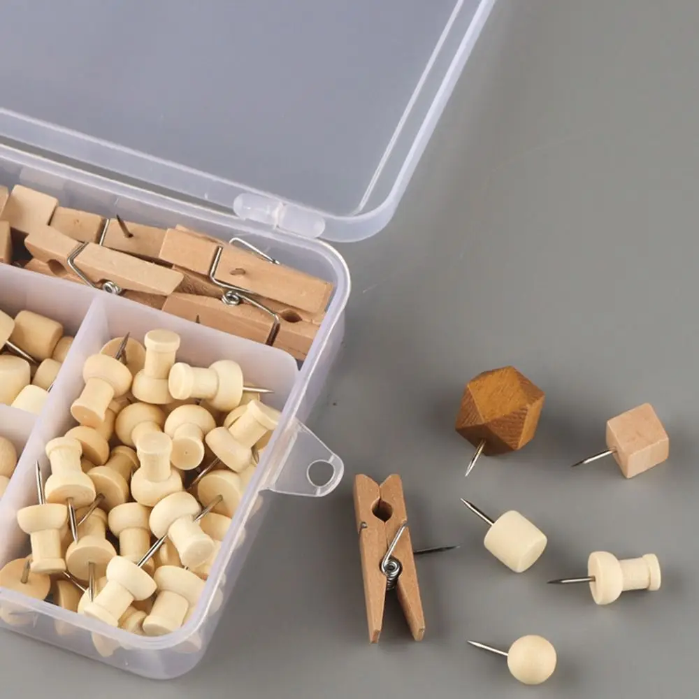 128Pcs 창의적인 나무 푸시핀 3D DIY 기하학적 모양 푸시핀 다기능 박스형 장 스터드