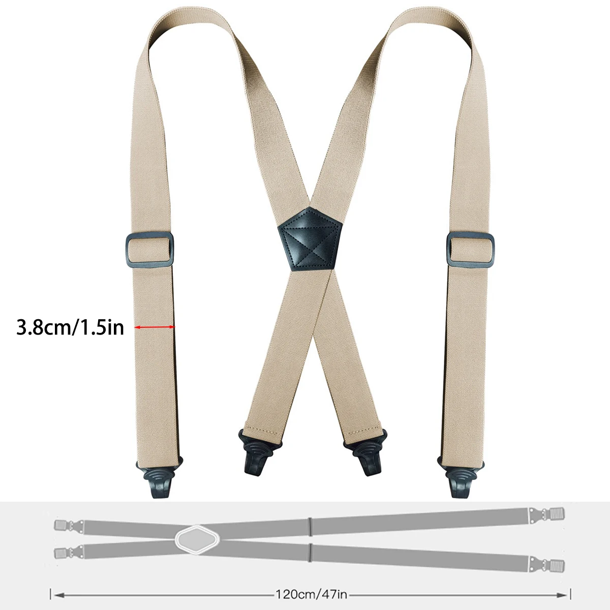 남성용 헤비 듀티 작업용 큰 키 큰 멜빵, 3.8cm/1.5인치 X-백 4개의 강력한 플라스틱 클립 조절 가능한 탄성 바지 교정기