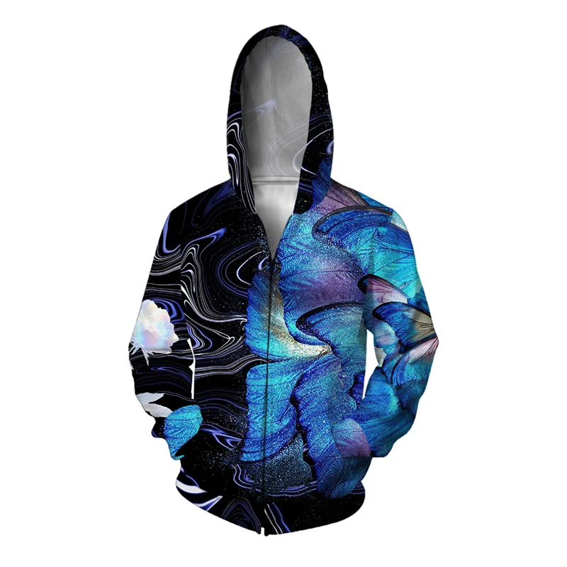 thumbnail image 1 of Sudadera con capucha y estampado 3D de mariposa y ángel para hombre, con estampado de flores, hojas y libros, sudaderas con capucha y cremallera holgadas y cómodas a la moda, 1 of 4