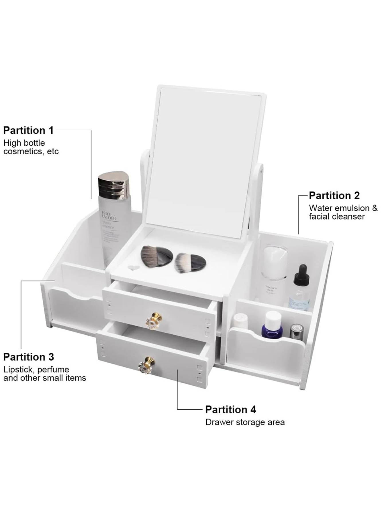 1pc Square Makeup Organizer Mirror Dresser， 360° Rotating Large Capacity Cat Ears Makeup Mirror with Stylish Storage Box - Perfe 6