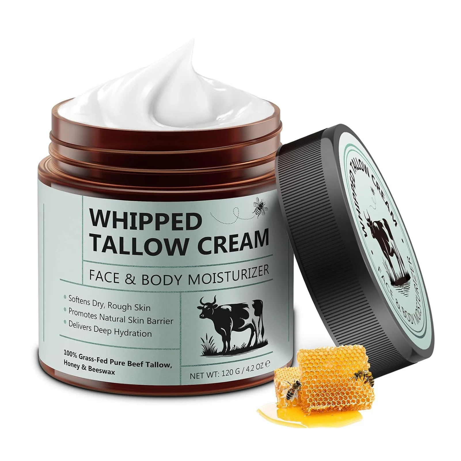 Organic Whipped Tallow & Honey Beeswax Deep Moisturizing Face & Body Cream, 120g