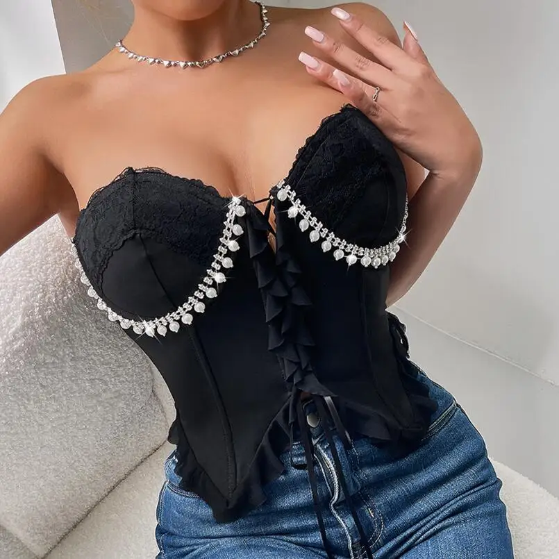 

2024 Women Bustier Bra Sexy Backless Slim Cropped Top Diamonds Luxury Camisole Fashion Stage Corset Night Club Party Tanks p706