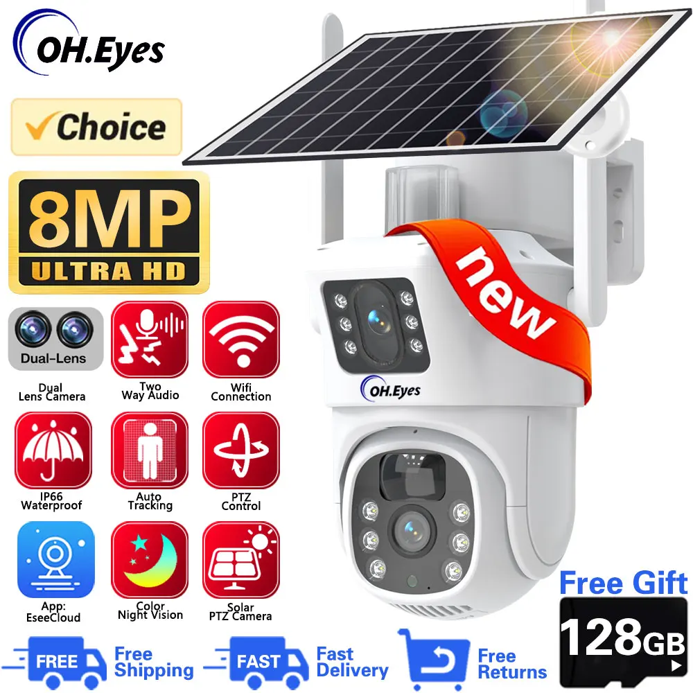 4K 8Mp Wifi Batteria Solare Fotocamera 4G Sim Card Dual Lens Dual Screen Protezione Di Sicurezza Esterna Ptz Cam Pir Rilevamento Umano Cctv