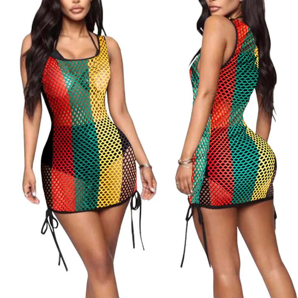 Fashion Patchwork Fishnet Mini Dresses Women Beach Cover Up Dress Sexy Hollow Out See Through Women Bandage Babydoll Nightdress