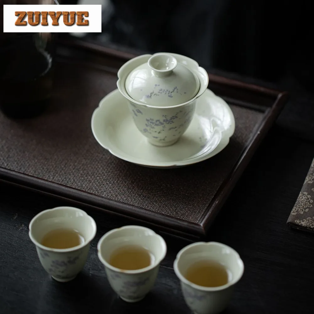 Plant Ash Blue Yingluo Cover Bowl Household Ceramic Tea Cup Anti Scald Gaiwan Luxury Tea Tureen Making Drinkware Gifts 120ml