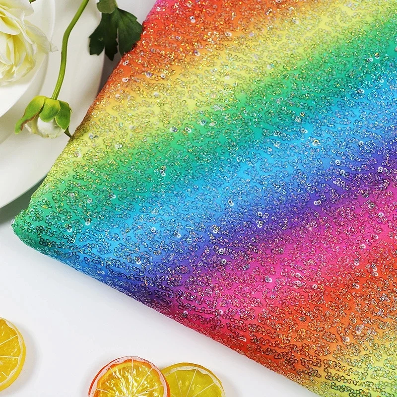 Glitzy Embroidery Sequin Rainbow Printed Stretch Knit Ground For Clothsing Making Party Events Dancewear Fabric