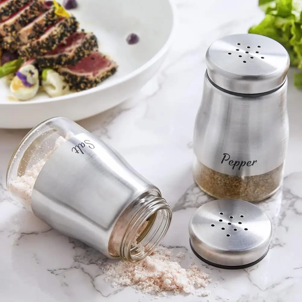 Salt Pepper Shaker Set Wide Mouth Spice Bottle Stainless Steel Glass Salt Pepper Shaker Set 120ml Capacity Refillable Spice