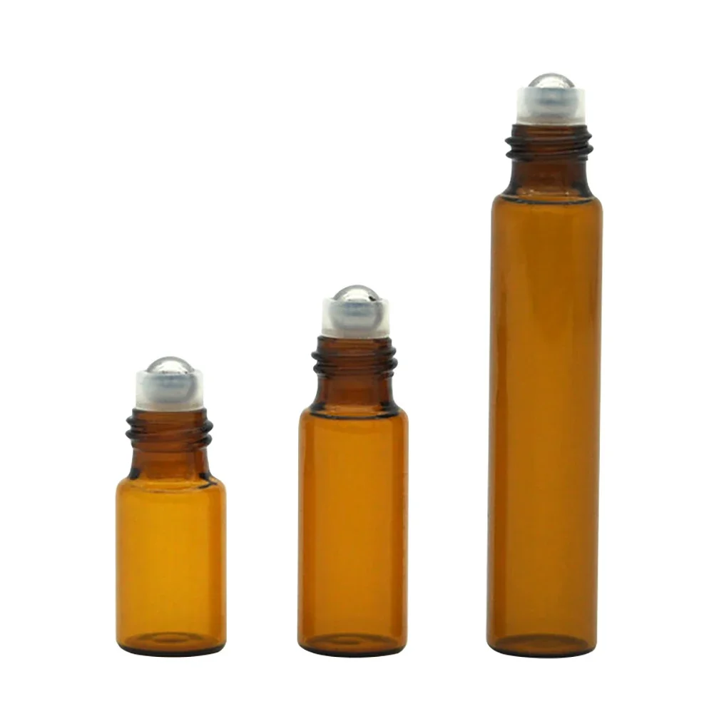 5pcs/lot 1ml 2ml 3ml 5ml 10ml Amber Glass Doterra Essential Oil Roll on Bottles TestVials Steel Ball Containers