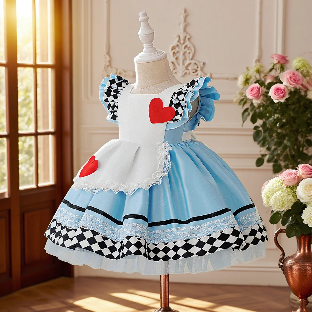 Baby Mädchen Kleid Alice im Wunderland Mädchen Performance Kostüm Faltenrock Bedrucktes Spitzen Prinzessin Kleid – Detail 2