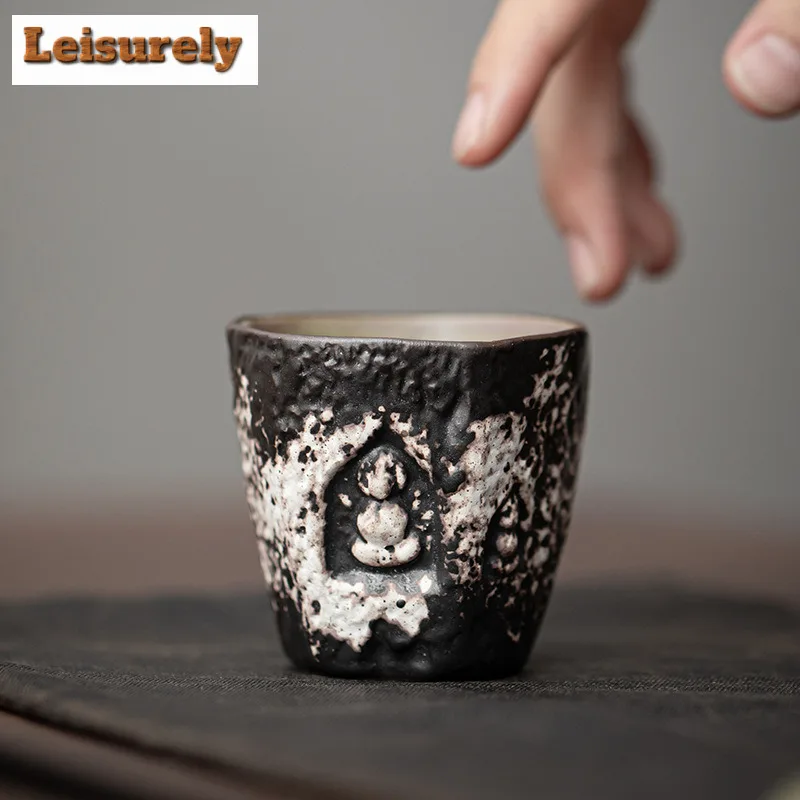 Wabi Sabi Style Black Pottery Mud Teacup Lotus Petal Master Cup Tasting Meditation Cup Personal Tea Bowl Kungfu Teaset Drinkware