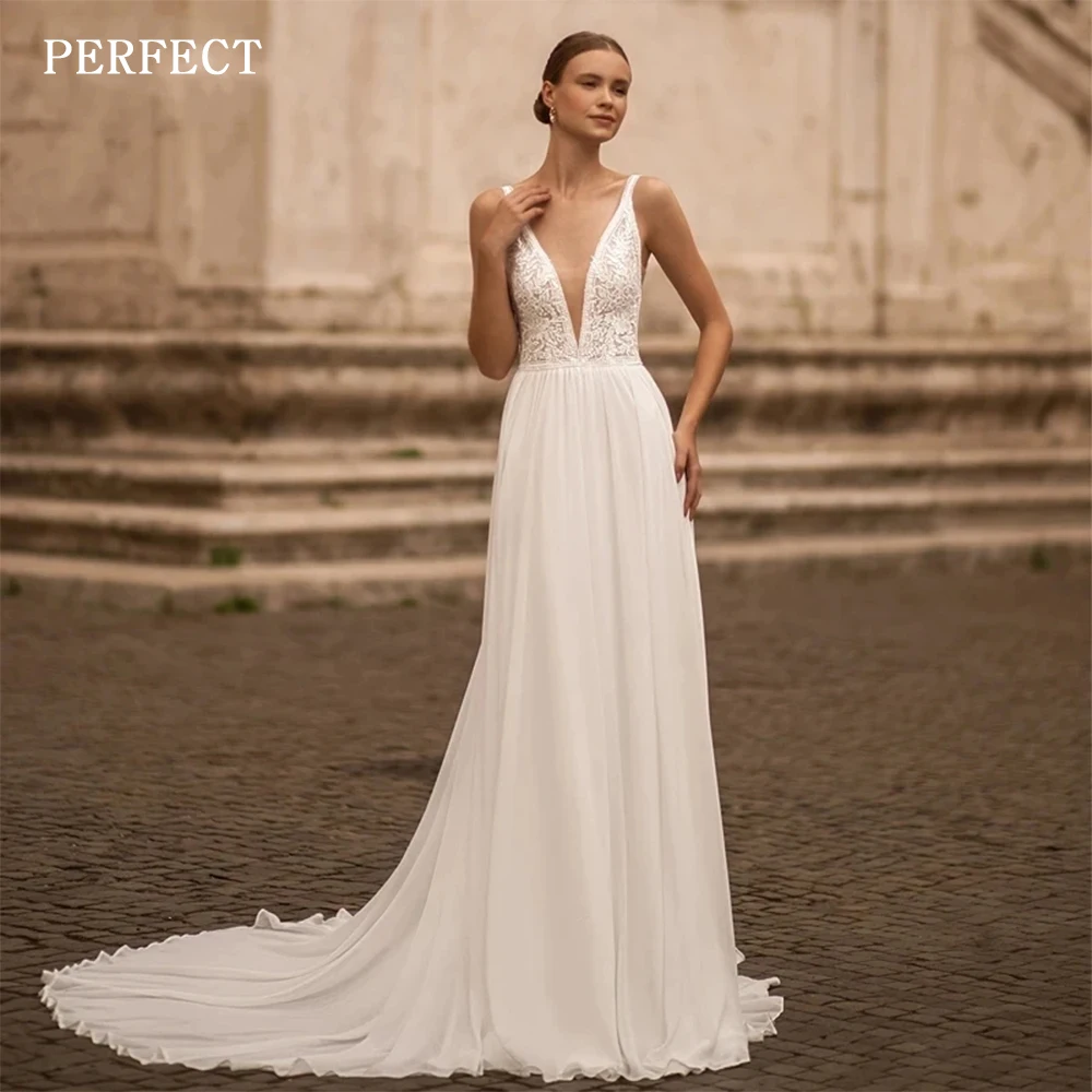 

PERFECT Graceful Wedding Dresses Deep V-Neck Chiffon A-Line Lace Robes For Formal Party Sexy Deep V-Neck Backless Bridal Gowns