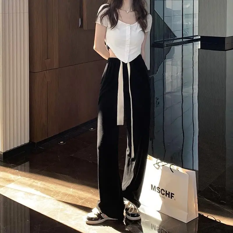 2023 Spring Autumn New Female Students Trend High Waist Leisure Loose Slim Sports Draw Rope Simple Wide Leg Trousers Long Pants