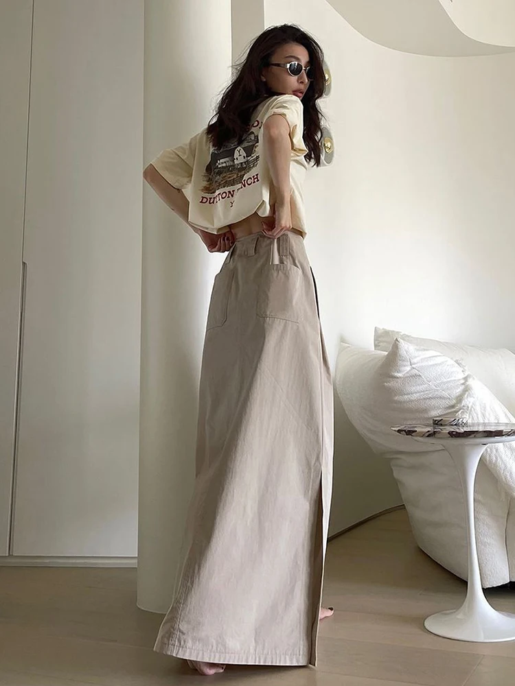 Split Maxi Skirt Women Elegant Fashion Casual High Waist A-line Floor Length Cargo Skirt Old Money Style High Street