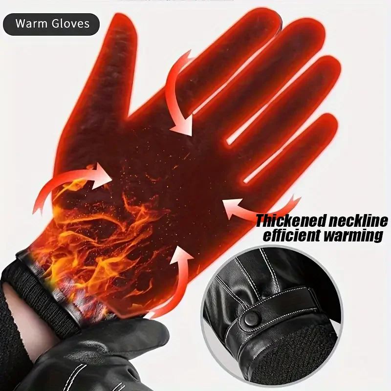 Autumn and Winter Black Gloves Men's One Pair PU Leather With Velvet Lining Gloves Waterproof for Motorcycle Riding