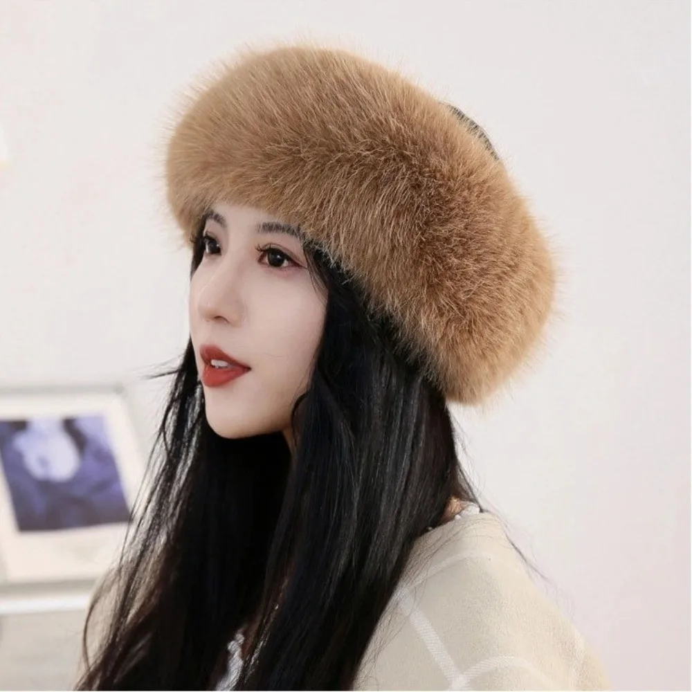 Fashion Thick Turban Hat Keep Warm Imitation Fox Fur Wide Headwrap Solid Color Winter Hat Winter