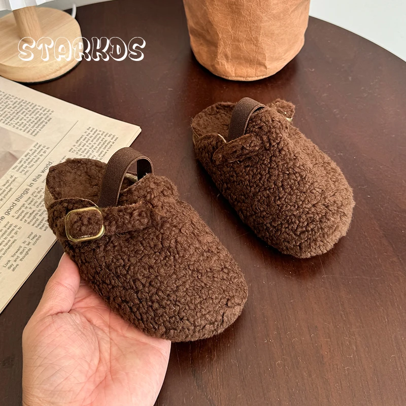 Warm Shearling Birken Clog Sandals Baby Girl Brand Design Lambswool Mules Toddler Kid Soft Cork Sole Elasic Band Fur Slide Shoes 4