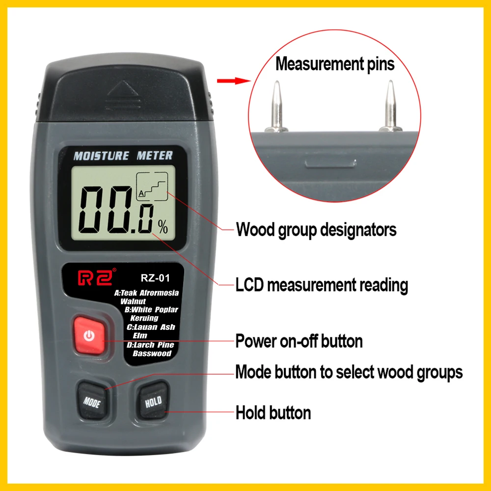 Wood Moisture Meter Hygrometer Timber Damp Detector Tree Density Digital Wood Humidity Tester