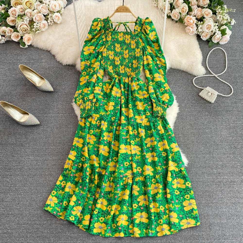 

2023 Fall Women's New Elegant Large Swing Long Dress, Square Neck Bubble Long Sleeve Waist Slim A-line Crushed Flower Dresses