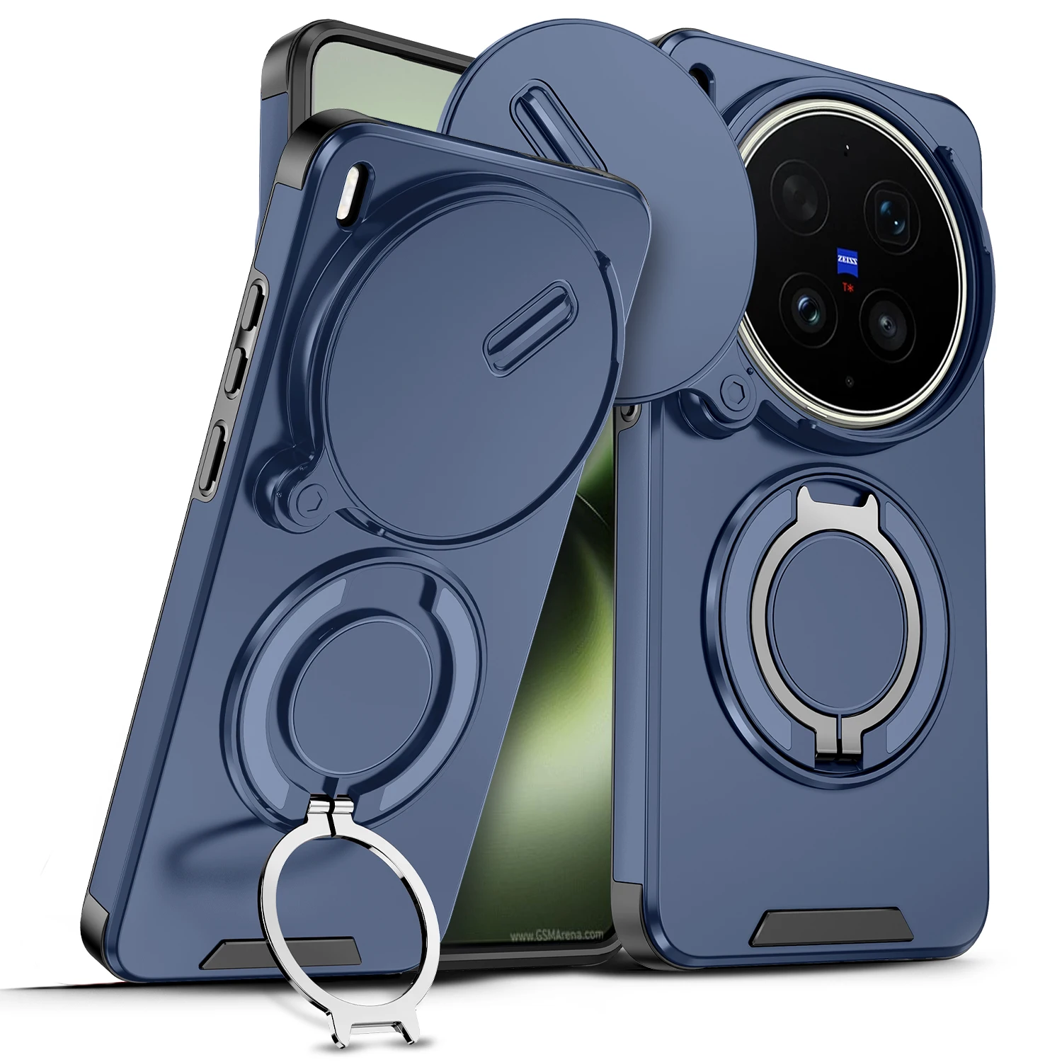 Luxury Slide Camera Hybrid Matte Phone Cover with Rugged Bracket Ring Grip and Wireless Charging Capability