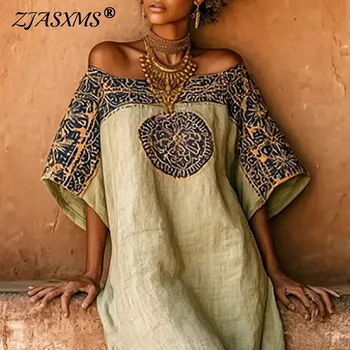 Ethnic Sexy Off Shoulder Hollow Out Long Dress Woman Spring Geometric Print Pocket Loose Maxi Dress Summer Casual Vacation Dress 1