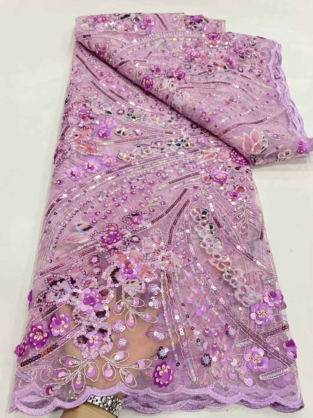 

African Mesh Lace Fabric 5 Yards High Quality Evening Party Sequined Embroidery Nigerian Laser Cut Lace Fabric for Wedding
