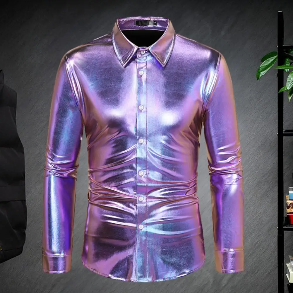 Lapel Long Sleeve Shirt Sequin Disco Shirt for Men Shiny Golden Long Sleeve Party Costume with Lapel Button Down for Christmas dress shirts men casual shirts