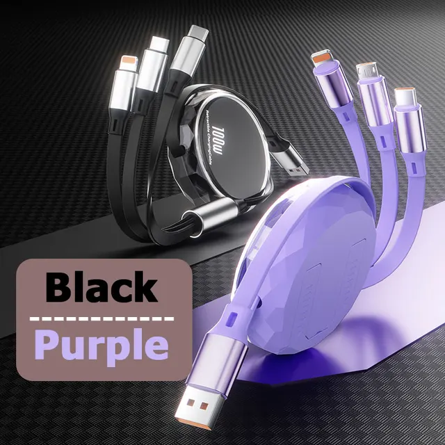 3 In 1 100W 6A USB-A to Type C Micro Lightning Fast Charging Data Cable For iPhone Samsung Huawei Android Phone USB Charger Wire 6